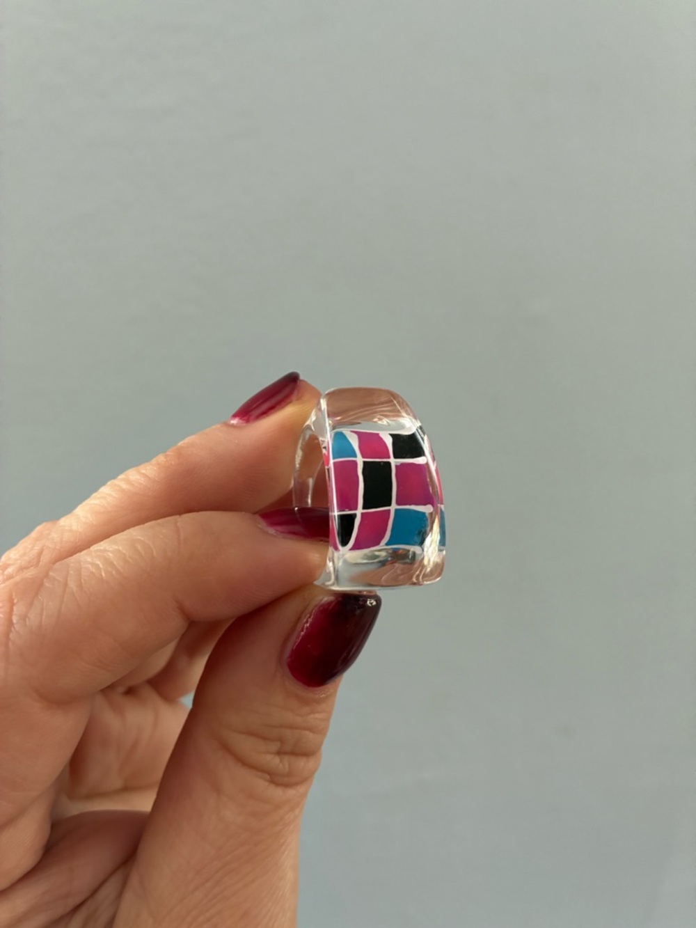 Clear Resin Ring with Pink, Black & Blue Mosaic Inlay